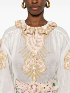 white ramie semi-sheer construction all-over motif embroidery ruffle collar front button fastening fabric-covered buttons long puff sleeves elasticated cuffs flared This item is in size 2 and the color is Beige Motif Embroidery, Fabric Covered Button, Ruffle Collar, Mens Fall, Long Puff Sleeves, Sweaters Knitwear, Embroidered Blouse, Sheer Fabrics, Womens Fall