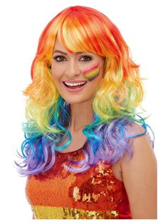 Paint the town rainbow when you wear this awesome wig. The Rainbow Glam wig features a fringe and provides the finishing touch to your costume. It will turn heads wherever you go and is a great choice for pride  carnival  and those summertime festivals.      Product Features:   Features a long multi-colored  curly-haired rainbow wig with a fringe   Not suitable for cleaning   Costume wig comes in a display box   Item is a costume accessory for adults and not a toy   Perfect for light up and part Rainbow Wig, Celebrity Wigs, Long Curly Wig, Halloween Wigs, Fancy Dress Accessories, Wigs Online, Costume Wigs, Halloween Make, Wig Styles