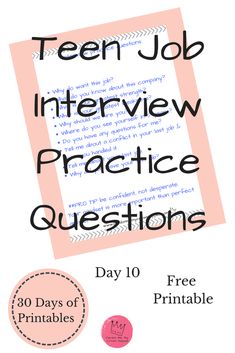 a poster with the words teen job interview practice questions written in black and pink on it