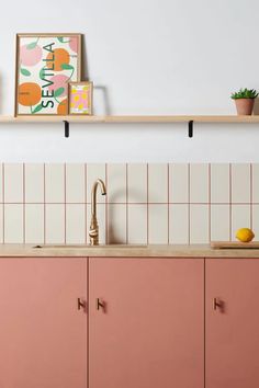 a kitchen with pink cabinets and shelves above the sink is shown in this image, there are two framed pictures on the wall