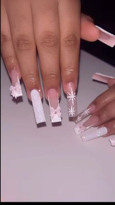 long french tip winter nails with bow and snowflakes and glitter🎀✨❄️ White French Tip With Christmas Design, Long Nails For Christmas, Classy Nails For Winter, Winter Nails Tapered Square, Xmas Bow Nails, Long Pink Christmas Nails, Cute Nail Designs Christmas, Long Christmas Nails Acrylic, Winter Birthday Nails Acrylic