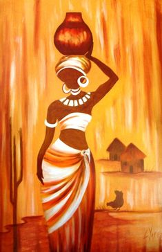 a painting of a woman carrying a pot on her head