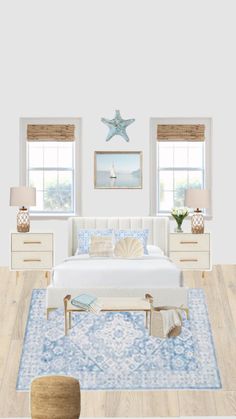 a bedroom with white furniture and blue rugs on the hardwood floor, along with two windows that look out onto the ocean