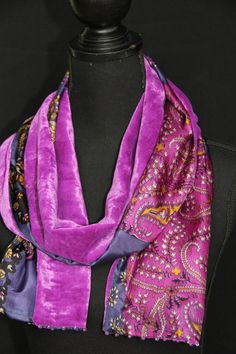 "Elegant and soft, two sided velvet scarf. One side is made of plain silk velvet (30% silk, 70% viscose) in beautiful purple/violet, the other side is 100% silk with classic abstract pattern in two shades of purple, golden yellow and ivory. Both shorter edges of the scarf are decorated with a single row of tiny beads in matching golden colour. A small, handmade detail that makes the scarf unique and chic. The scarf is gorgeous to touch and very gentle for the skin.  Size: 32 x 165 cm (12,5\" x 6 Purple Silk Scarves For Formal Occasions, Formal Purple Silk Scarves, Formal Purple Silk Scarf, Elegant Purple Silk Scarf, Purple Bohemian Shawl Silk Scarf, Bohemian Purple Shawl Silk Scarf, Purple Silk Shawl Scarf, Purple Bohemian Silk Shawl Scarf, Bohemian Purple Silk Shawl Scarf