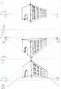 three drawings of buildings with different angles