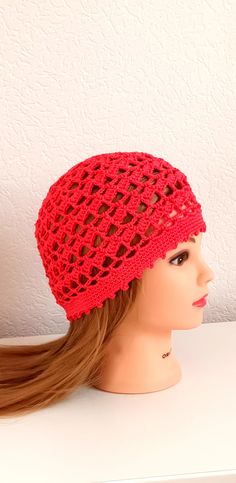 "Women's Crochet Summer boho Girls summer hat red summer skull hat 100% cotton tams hat Womens Summer Cotton beret Ladies lace summer hat READY TO SHIP This women's summer hat is crochet in beautiful red colour and it is made of mercerized 100% cotton yarn, so this summer hat will keep you always trendy this season. Size will fit women's heads with a 58-59 cm/ 23\" head circumference. This hat is mashine washable (60oC) and dry it flat. All items from MaijaAccessories are made and maintained in a 100% smoke-free environment.  Because of different monitors and screen resolutions, color may look different on the screen than in reality. Other items in my shop can be viewed at https://www.etsy.com/shop/MaijaAccessories?ref=search_shop_redirect Thank you for visiting and supporting my Etsy stor Summer Hat With Crochet Lace, Red Crochet Hat For Spring, Fitted Crochet Beanie For Beach, Red Brimmed Crochet Hat For Summer, Red Brimmed Crochet Hat For Spring, Red One-size Crochet Hat For Beach, Red Crochet Hat For Beach, One Size Red Crochet Hat For Spring, Red Bohemian Crochet Hat For Spring