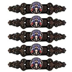 four black metal handles with red, white and blue emblems on each one side