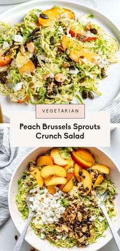 peach brussel sprouts crunch salad in a white bowl