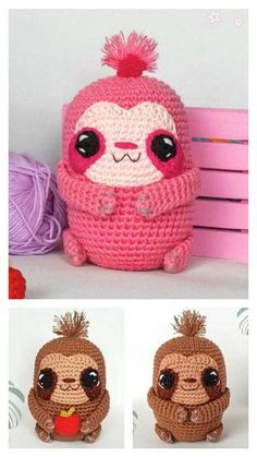 three pictures of stuffed animals made to look like knitted items