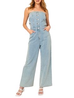 Strapless button down denim jumpsuit Model is wearing a size small Model specs: Height 5'10" Bust 32 Waist 25 Hips 35" Fabric 80% Cotton 20% Polyester Casual Medium Wash Strapless Jumpsuit, Spring Light Wash Button-up Jumpsuits And Rompers, Light Wash Button-up Jumpsuits And Rompers For Spring, Medium Wash Fitted Strapless Jumpsuit Casual, Casual Fitted Medium Wash Strapless Jumpsuit, Casual Fitted Strapless Jumpsuit Medium Wash, Chic High Rise Strapless Jumpsuit, Trendy Strapless Jumpsuit With Pockets, Summer Button-up Medium Wash Jumpsuits And Rompers