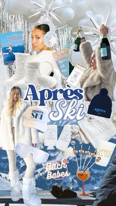 a collage of photos with white clothes and balloons in the background, including an image of a woman wearing winter clothing