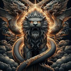 a lion with two snakes around it's neck, surrounded by clouds and stars