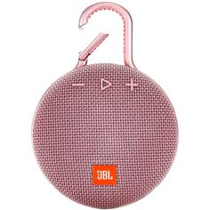 the jbl boom 3 portable bluetooth speaker is pink and has an orange tag on it