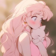 a girl with pink hair holding a white cat