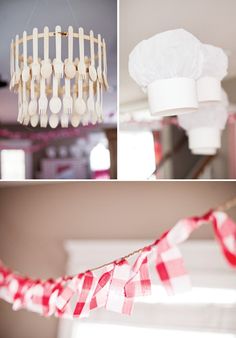 three pictures of kitchen utensils hanging from the ceiling and in front of a chandelier