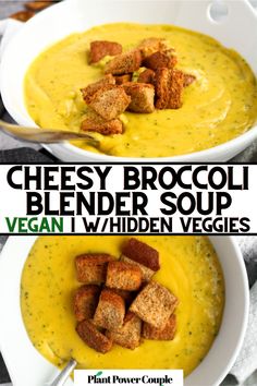 Overhead view of a cheesy creamy soup with a spoon digging into it and croutons on top with text reading cheesy broccoli blender soup vegan with hidden veggies Vegan Broccoli Cheese Soup, Vegan Broccoli Cheddar Soup, Panera Copycat, Blender Soup, Broccoli Cheddar Soup Recipe, Vegan Broccoli, Broccoli Cheese Soup Recipes, Dinner Rotation, Weekly Dinner