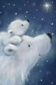 two polar bears are sitting on top of each other in the snow with stars above them