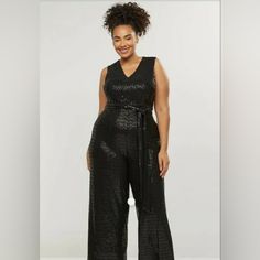 Gorgeous Black Sequin Jumper. V-Neck, Sleeveless, With Matching Belt. Never Worn Glamorous Black Sleeveless Jumpsuits And Rompers, Black V-neck Jumpsuits For Party Season, Glamorous Black V-neck Jumpsuit Or Romper, Sequin Jumper, Black Jumpsuit, Black Sequins, Lane Bryant, Pant Jumpsuit, Jumpsuit Romper