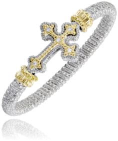 An exquisite bracelet from Alwand Vahan Jewelry features a prominent cross centerpiece encrusted with 0.10ct diamonds, bordered by gold accents. The silver-toned band is the 6MM Closed Band in Size B2, with a textured, shimmering design (Product Code: 22959D06). Vahan Jewelry, Holiday Store, Perfect Ring, Jewelry Stores, Band