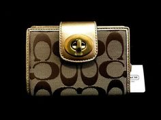 NWT Coach Khaki Metallic Gold Turnlock Sig Slim Medium Purse Bag Wallet With ID #Coach #BifoldWallet Gold Wallets With Original Box For Gift, Coach Rectangular Wallets As Gift, Luxury Coach Wallets As Gift, Luxury Coach Wallets For Gifts, Luxury Coach Wallets For Gift, Medium Purse, Coach Wallet, Purse Bag, Free Items