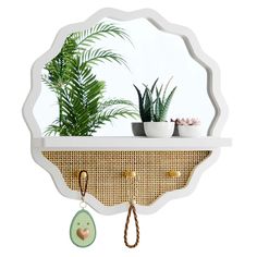 a mirror hanging on the side of a wall with plants in it and a keychain