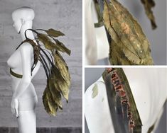 three photos of leaves on a mannequin's head and the same piece of clothing