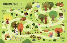 a cartoon map of woodland race with animals and trees