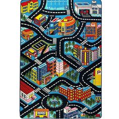 an image of a rug with cars and buildings on the road in different colors, shapes and sizes