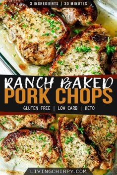 ranch baked pork chops with parsley on top in a glass baking dish and title overlay