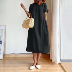 This Kiplyki casual dress fabric is very soft, stretchy and lightweight, super comfortable against to your skin.  Features: casual style, short rolled sleeve, soft and stretchy, Loose dress, comfortable to wear.This casual dress is above the knees and long enough that you wouldn't need to wear leggings with it if you don't want to.It is easy to put on or put off.  US SIZE: Small (US 4-6), Medium (US 8-10), Large (US 12-14), X-Large (US 16-18), XX-Large(US 20-22).This women's casual loose dress is available in a variety of solid colors and print colors to suit your personal style.  Occasion: This Kiplyki plain casual T shirt Dress is glad for daily, beach, going out, party, work, casual wear.It's an easy answer the typical 'what should I wear today' dilemma. It is so casual that you might b Casual T Shirt Dress, What Should I Wear Today, Linen Fashion, Cotton Linen Dresses, Royal Blue Dresses, Midi Dress Casual, Daily Dress, Loose Dress, Casual Summer Dresses