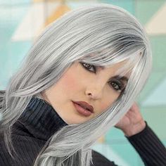 Long Curly Bob, Bangs Side Part, Grey Hair Wig, Silver White Hair, Wigs For White Women, Silver Wigs, Bangs Side, Bangs Wig, Curly Bob Wigs