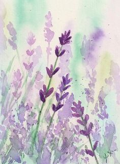 watercolor painting of lavender flowers on white paper with green and purple colors in the background