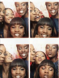 four different pictures of women making faces and smiling at the camera with their mouths open