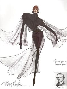 a drawing of a woman in a black dress with long sleeves and flowing veils