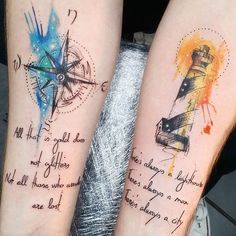 two people with tattoos on their legs and one has a compass tattoo on the arm