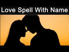 the silhouette of a man and woman kissing in front of an orange sky with words love spell with name