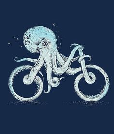 an octopus riding a bicycle in the ocean