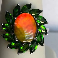 Canadian Ammolite Fossil & Russian Chrome Diopside Gemstones (6.80 Cts) In Rhodium Over Sterling Silver Ring Ring Color, Womens Jewelry Rings, Sterling Ring, Sterling Silver Ring, Fossil, Silver Ring, Sterling Silver Rings, Silver Rings, Women Jewelry