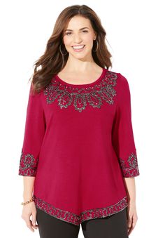 Shimmering embroidery and a pointed hemline make this stretchy knit top as elegant as it is comfortable. Pair this gorgeous top with our Right Fit Pant for a perfectly polished outfit. FABRIC: Stretchy jersey knit is soft, comfortable and so easy to wear. FIT: Relaxed and feminine top with scoop neckline, 3/4 sleeves and pointed hem. 95% Rayon/5% SpandexMachine WashImported Plus Size TunicFront Length: Regular 31", Petite 29" Plus Sizes 0X-6X, Petite Plus Sizes 0XWP-3XWPCatherines Click here to Linen Shorts Women, Three Quarter Sleeve Blouses, Layered Tunic, Feminine Top, Ladies Of London, Swimsuits For All, Women's Pants, Linen Women, Embroidered Top