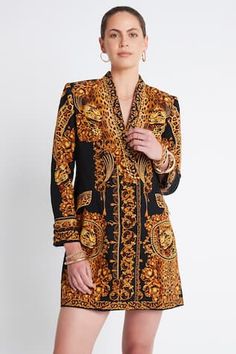 Black and gold blazer style dress with all over leopard print. - Aza Fashions Elegant Leopard Print Formal Dress, Blazer Dress For Women, Gold Blazer, Leopard Print Blazer, Ladies Blazer, Blazer Jackets For Women, Dresses Xxl, Fashion Event, Blazer Fashion