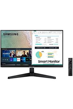 the samsung smart monitor is next to an apple tv and remote control on a white background