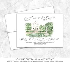 save the date card with an image of a house and trees in watercolor on white paper