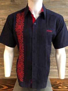 Beautiful Elegant Handcrafted Guayabera Shirt Navy Blue with Red Embroidery Made in Merida Yucatan Mexico 100% Fine Linen Short Sleeve Red Double Cross stitch Embroidery - Bordado Doble Punto de Cruz High Quality Product 100 % New Product. Good for formal or casual wear. Even for an special event like wedding or birthday. Makes a great Gift for someone Please see Chart Size for fitment Thank You and God bless you. Formal Festive Embroidered Shirt, Festive Formal Embroidered Shirt, Traditional Embroidered Shirt For Formal Occasions, Traditional Fitted Embroidered Shirt, Traditional Embroidered Fitted Shirt, Traditional Short Sleeve Festive Shirt, Traditional Festive Short Sleeve Shirt, Traditional Festive Shirt With Floral Embroidery, Festive Traditional Shirt With Floral Embroidery