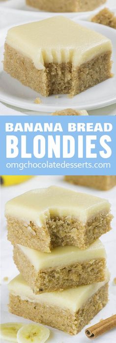 banana bread blondies are stacked on top of each other and topped with white frosting