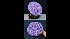 two pictures of a woman wearing a purple crochet beanie with the same pattern as her hair