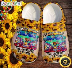 "Camping Bus Peace Sunflower Clog Shoes Gift Mother Day Croc style clogs are not something rare to find, but pinpointing a beautifully designed, long-... Croc Shoes, Hippie Trippy, Camping Shoes, Beach Running, Iconic Shoes, Crocs Crocband