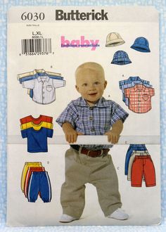 "Butterick Sewing Pattern 6030, Infant Boys Shirt, T-Shirt, Pants and Hat Sewing Pattern, Infant Boys' Sizes L XL, Uncut/FF. Loose-fitting Shirt has collar, dropped shoulders, above elbow sleeves. T shirt is loose-fitting with neck band and short sleeves. Pants have front waistband, carriers, back hems and snap inner leg. Version D pants have no side seams, elastic waist and ankles. Hat has crown and trim. Pattern envelope has minor folds due to storage (see pictures). This is for a sewing patte Infant Boy Clothes, Boys Clothes Patterns, Boys Sewing Patterns, Baby Clothes Sizes, Boy Sewing, Baby Boy Shirts, Hat Patterns To Sew, Infant Boy, Butterick Pattern