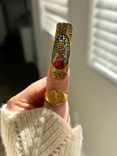 Gold nails stained glass nails jelly nails renaissance cathedral Stained Glass Nails, Frame Nails, White Tip Acrylic Nails, Stained Nails, Nails Jelly, Glass Nails Art, Pointy Nails, Crazy Nails, Soft Nails