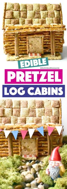 a log cabin made out of logs and grass with the words edible pretzel log cabins