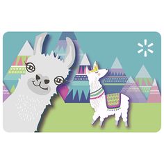 two llamas are standing next to each other in front of mountains and snowflakes